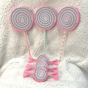 3pc Christmas Candyland Theme Glitter Foam Candy or Pops, Pink, Mint Green and White Swirl Candy, Craft or Party Prop, Wreath Embellishment