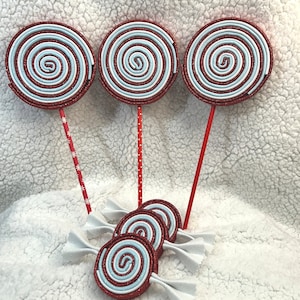 3pc Glitter Foam Candy or Pops in Light Blue, Red and White, Christmas Swirl Candy for Craft Prop, Wreath Attachment/Embellishment