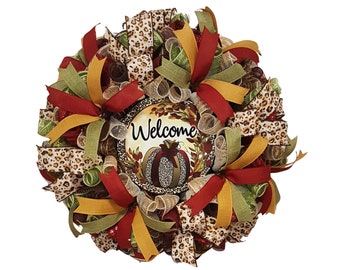 Couronne de citrouille de bienvenue, décoration ruban automne fait main à imprimé léopard, couronne rustique pour porte d'entrée, décoration d'intérieur récolte saisonnière