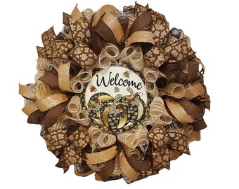 Couronne de bienvenue automne, citrouille et couronne de feuilles, décoration de porte automne, couronne marron et or imprimé léopard fait main, couronne de Thanksgiving