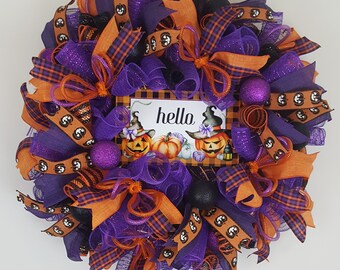 Bonjour Halloween Fall Pumkin Wreath pour la porte d’entrée, décor à thème effrayant, grande couronne de porte d’entrée pour l’automne, cintre de porte d’Halloween