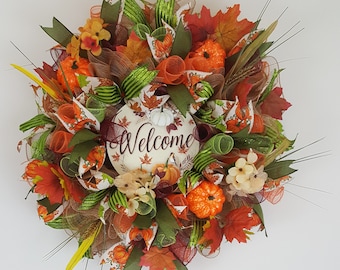 Couronne de bienvenue automnale, couronne des récoltes d'automne, accroche-porte citrouille d'automne, décoration feuilles d'automne, cadeau déco automne