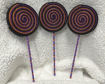 3pc Halloween Glitter Foam Lollipop, Black, Purple and Orange Swirl Candy, Wreath Accent, Basket Filler, Craft Prop
