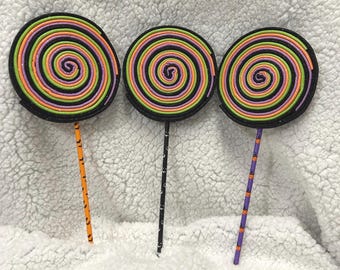 3pc Halloween Glitter Foam Lollipop, Black, Purple, Bright Green and Orange Swirl Candy, Wreath Accent, Basket Filler, Craft Prop