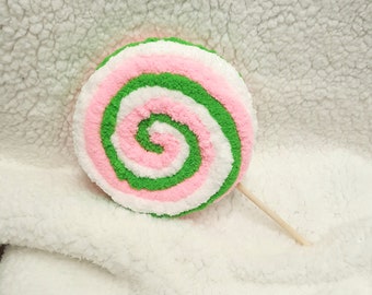 Easter/Spring Yarn Wrapped Lollipop, Tropical/Flamingo Decor, Pink, Lime and White Fake Pop, Easter Basket Filler, Wreath Embellishment,