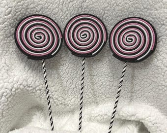 3pc Pink Halloween Glitter Foam Lollipop, Black, Pink and White Swirl Candy, Wreath Accent, Basket Filler, Craft Prop