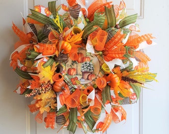 Couronne de citrouille de récolte d’automne avec marguerites pour porte d’entrée, décoration d’automne