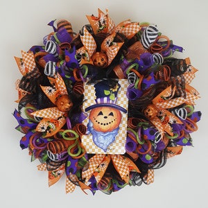 Halloween Pumpkin Wreath for Front Door, Spooky Theme Decor, Fall Jack-o-Lantern Door Hanger
