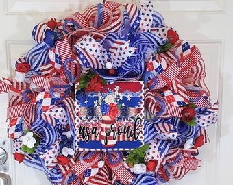 Patriotic Wreath, Fourth of July Decor, USA Pride Door Hanger, Red, White and Blue Wreath, Americana Decor, Armed Forces Family Gift