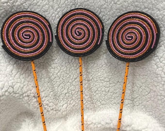 3pc Pink Halloween Glitter Foam Lollipop, Black, Pink and Orange Swirl Candy, Wreath Accent, Basket Filler, Craft Prop