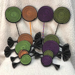 3pc Halloween Glitter Foam Candy or Lollipop, Black, Purple, Orange, Bright Green or Lime Green Swirl Candy, Wreath Accent, Basket Filler