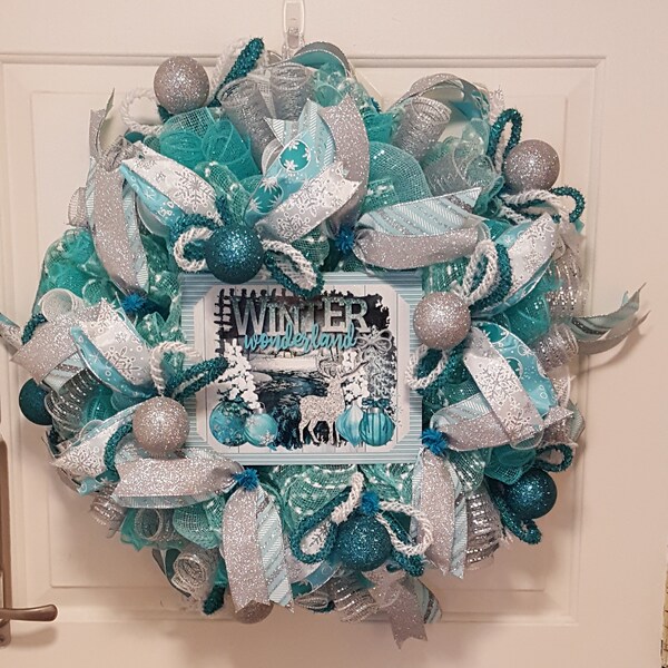 Corona de Navidad, Azul Aguamarina, Turquesa y Plata Corona del País de las Maravillas de Invierno, Decoración de Puertas de Invierno