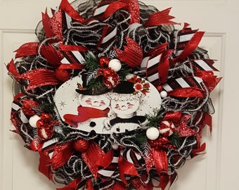 Snowman Wreath, Christmas Decor, Whimsical Winter Wreath, Winter Holiday Door Hanger, Snowman Decor