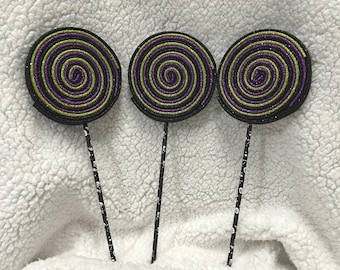 3pc Halloween Glitter Foam Lollipop, Black, Purple and Lime Green Swirl Candy, Wreath Accent, Basket Filler