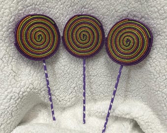 3pc Halloween Glitter Foam Lollipop, Purple, Orange and Lime Green Swirl Candy, Wreath Accent, Basket Filler, Craft Prop