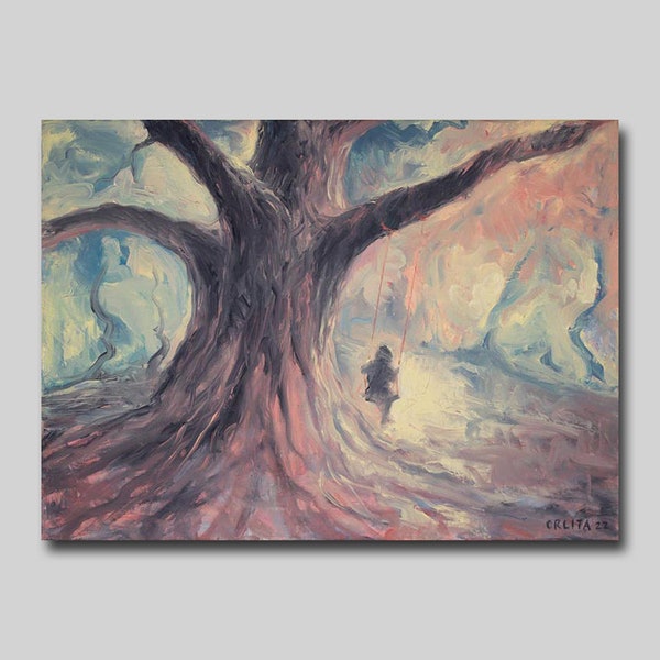 Art d’enfant sur une balançoire, arbre éclairé avec peinture d’enfant, art à l’huile original, impression sur papier et toile