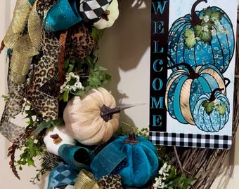 Leopard Pumpkin Wreath, Turquoise Teal & Gold Fall Wreath,