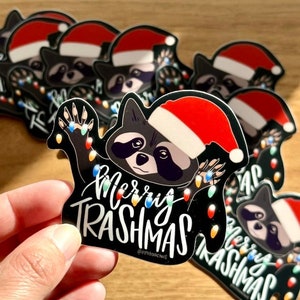 MERRY TRASHMAS raccoon sticker - matte vinyl sticker, raccoon sticker, Christmas holiday, waterproof