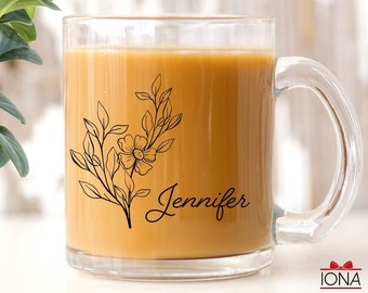 Personalized Name Glass Mug, Gift for Women, Men, Coffee Cup with Custom Name, Personalized Coffee Mug, Flower and Name, Office Mug