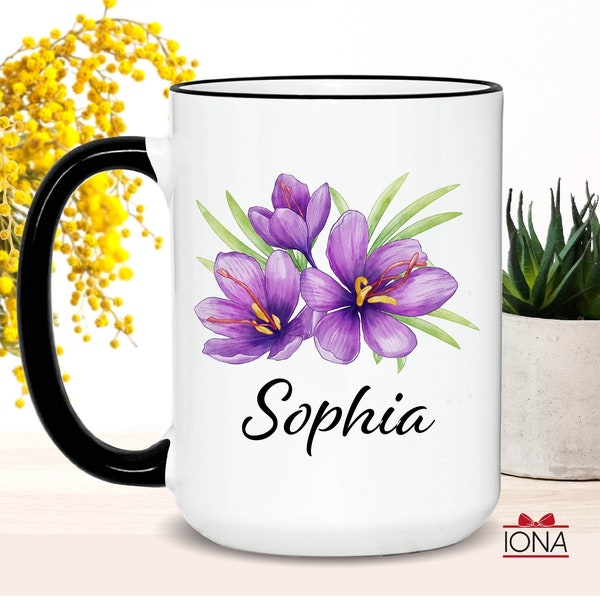 Crocus Name Mug, Gift for Women, Custom Name Coffee Mug, Name Cup Purple Floral Design, Personalized Gift for Her, Saffron Iris Flowers Gift