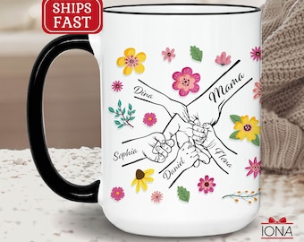 Personalized Holding Mama‘s Hand Coffee Mug, Hold My Hand, Mothers Day Gift Mug 2025, Gift For Mom Nana, Floral Cute Design with kids names