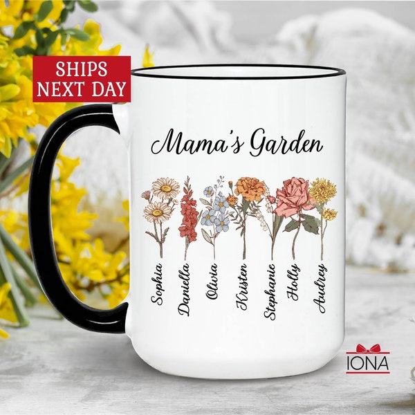 Personalized Birth Flower Mug, Custom Mama's Garden Coffee Cup with Names, Mothers day Gift for Mother, Unique Birthday present idea for Mom