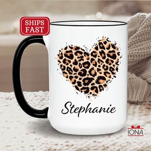 Personalized Cheetah Leopard Heart Print Coffee Mug, Custom Leopard Print Tea cup, Mug For Women, Animal Print Coffee Mug, Bestie Gift