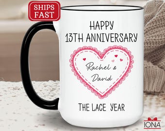 Mug 13 ans, cadeau d'anniversaire de mariage 13 ans pour lui, joyeux anniversaire de mariage en dentelle de 13 ans, femme mari, tasse à café personnalisée pour couple