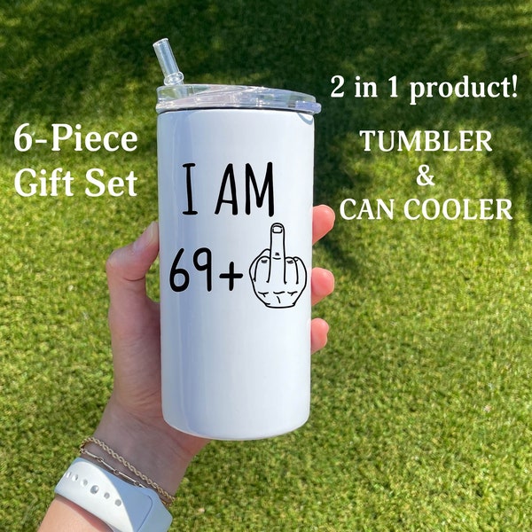 70th Birthday Gift, 70th Birthday 12 oz Slim/Thick duozie, I am 69 + middle finger, 70th Gifts, gifts for women Can cooler tumbler,Christmas