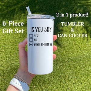 Is you 50 I might be, 50th Birthday Gift, 50th Birthday 12 oz Slim/Thick duozie, 50th Gifts, gifts for women Can cooler tumbler,Christmas