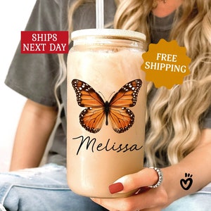 Personalized Name Monarch Butterfly Glass tumbler