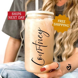 Personalized Iced Coffee Cup, Custom Beer Can Glass with Lid and Straw, Bridesmaid Gift, 16oz Frosted/Clear Glass Cup, Bridesmaid Tumbler