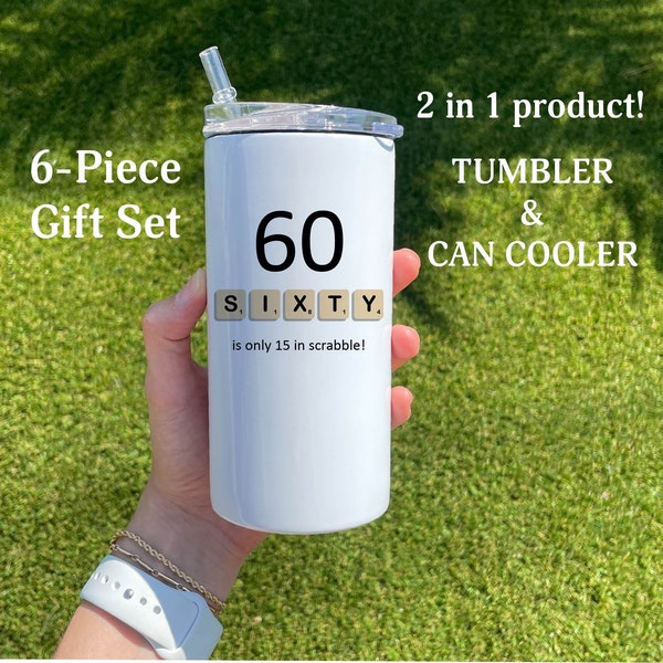 60th Birthday Gift, 60th Birthday 12 oz Slim/Thick duozie, 60 is only 15 in scrabble, 60th Gifts, gift for men Christmas Can cooler tumbler