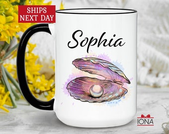 Personalized Oyster Pearl Mug Gift for Women, Custom Name Coffee Mug, Oyster With Pearls Mug, Women Christmas Gift, Clam Shell in Pearl Gift