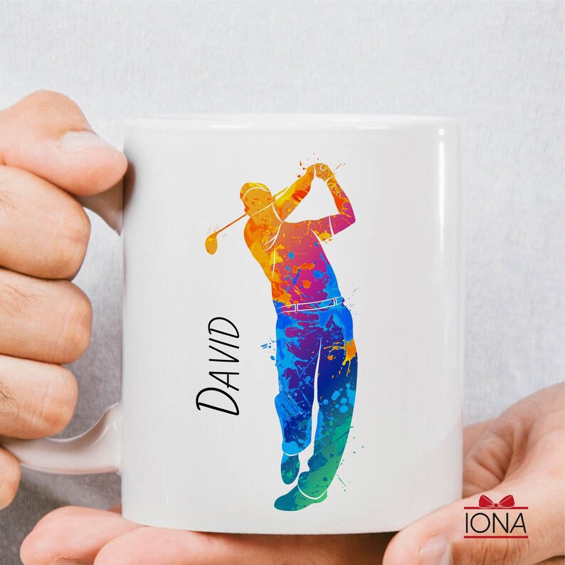 high-quality coffee mug with a stylish design made from ceramic, print a colorful men playing golf image and your chosen name 
