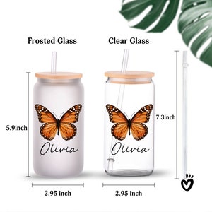 Personalized Name Monarch Butterfly Glass tumbler clear frosted beer glass