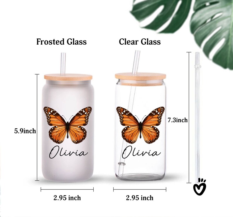 Personalized Name Monarch Butterfly Glass tumbler clear frosted beer glass