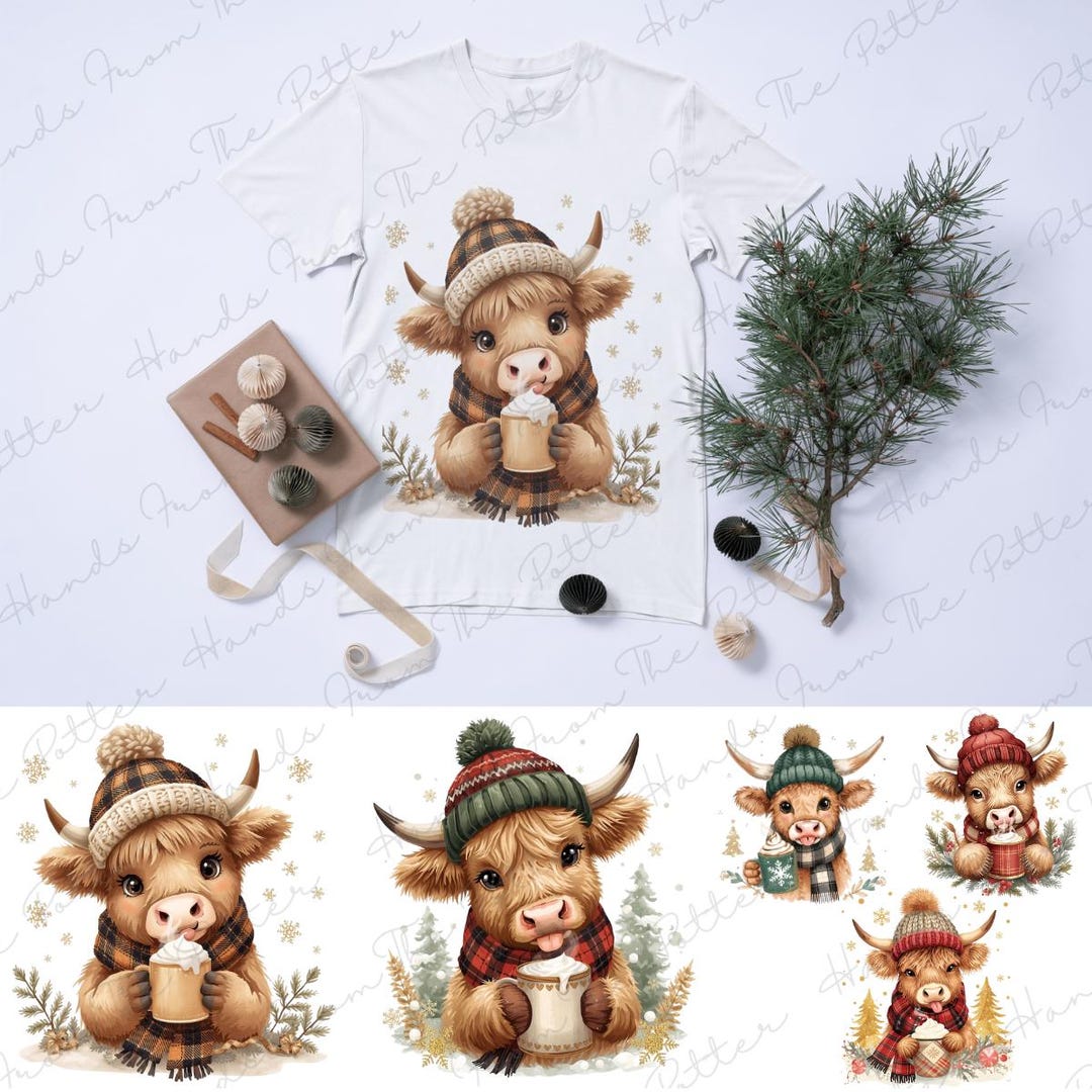 Highland Cow Winter PNG Bundle: Christmas Farmhouse Clipart (digital ...