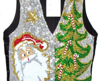 Sequin Vest SILVER with SANTA'S TREE