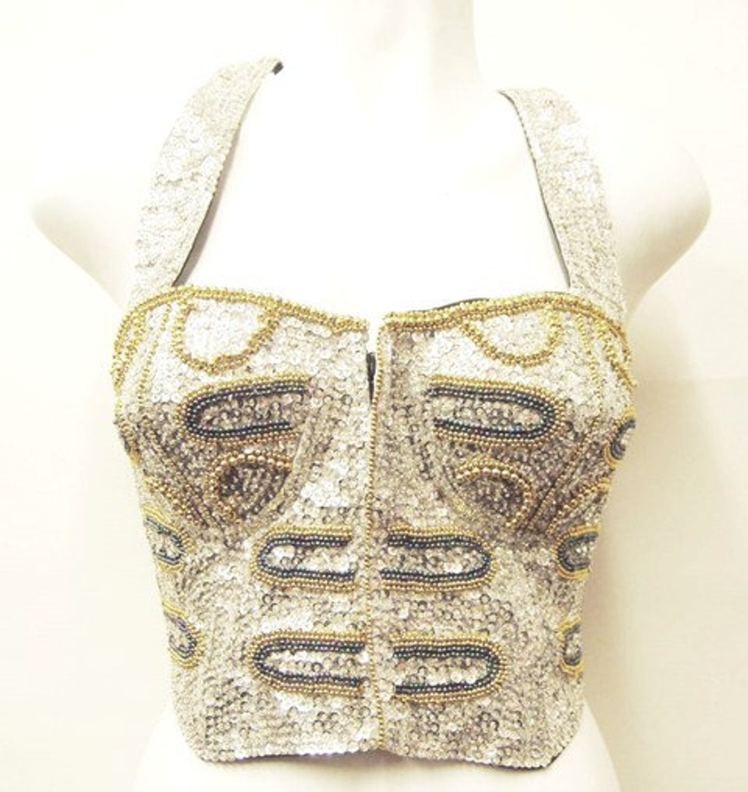 Sequin Bustier Halter Top SILVER W/silver & GOLD Beads Etsy
