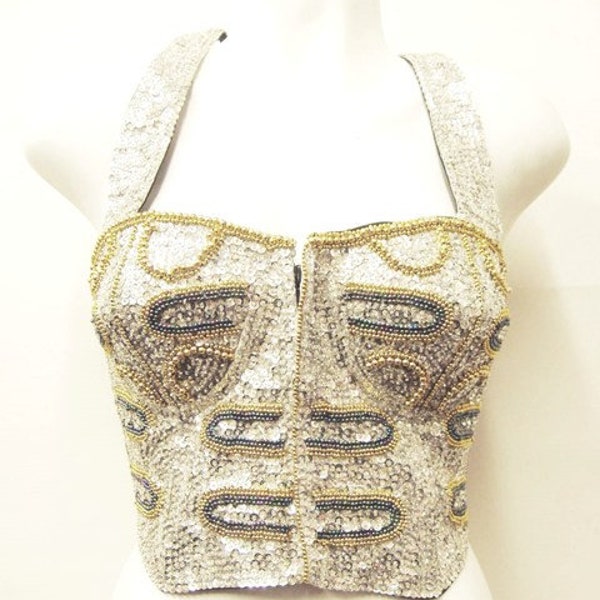 Sequin Bustier Halter Top SILVER w/SILVER & GOLD Beads