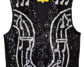 Sequin Vest BLACK with SILVER Music Notes on Bar