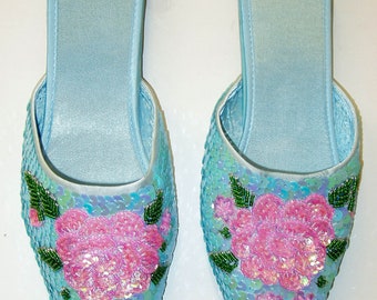 Slippers Sequin Satin Beaded Flippers TURQUOISE/PINK