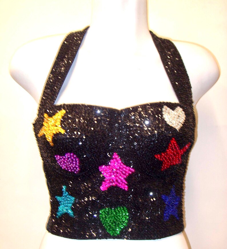 Sequin Bustier Halter Top BLACK W/color Hearts & Stars Etsy