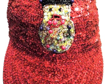 Sequin Baseball Cap RED with SNOWMAN