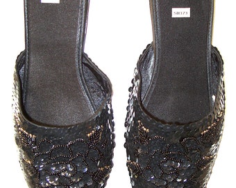 Sequin Satin Beaded Slippers BLACK