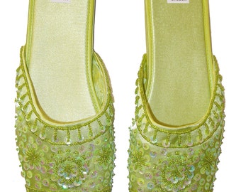 Slippers Sequin Satin Beaded Flippers LIME GREEN