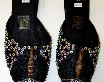 Sequin Satin Beaded Slippers BLACK