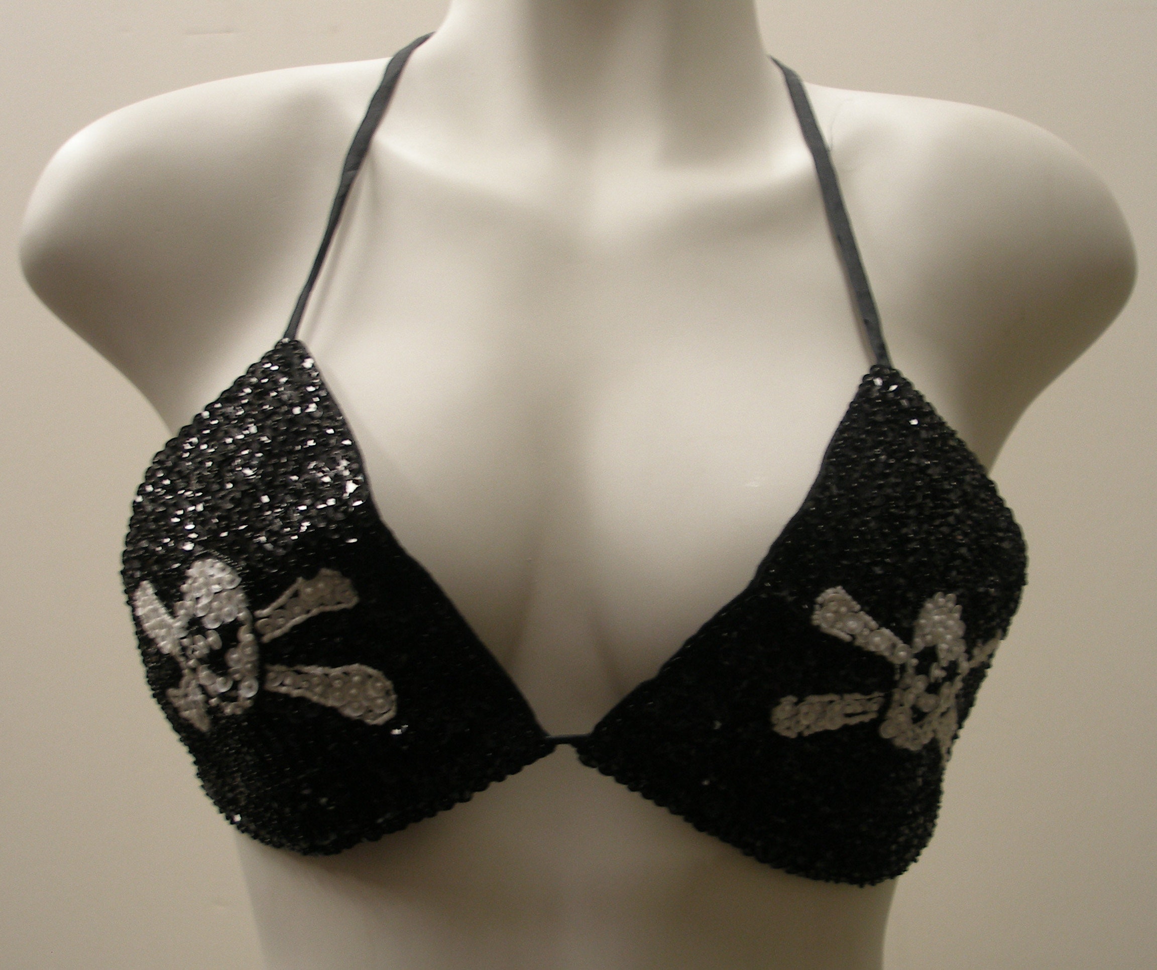 Black Sequin Embellished Spaghetti Strap 2 Piece Triangle String Bikini Set