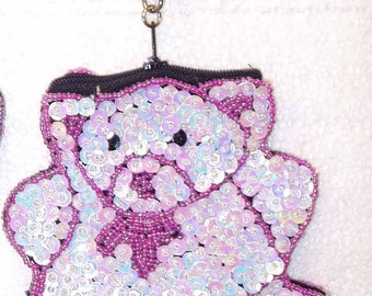 Sequin Beaded Coin Purse Keychain Lite PINK TEDDY BEAR